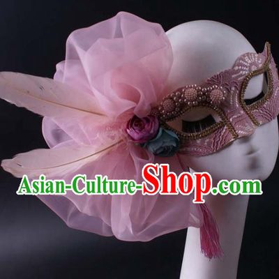 Handmade Carnival Veil Face Mask Stage Performance Blinder Headpiece Halloween Cosplay Party Pink Feather Mask
