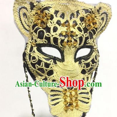Professional Stage Performance Lace Leopard Face Mask Rio Carnival Headwear Halloween Party Male Cosplay Mask