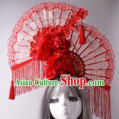 China Stage Show Red Lace Fan Headdress Catwalks Peony Tassel Hair Crown Traditional Wedding Giant Hair Accessories