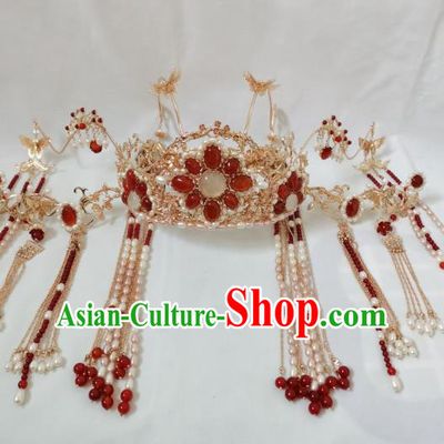China Ancient Bride Phoenix Coronet Ming Dynasty Princess Golden Hair Crown Traditional Wedding Hanfu Hair Accessories