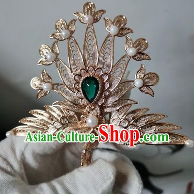 China Ancient Court Woman Hair Accessories Ming Dynasty Empress Golden Phoenix Hair Crown Traditional Hanfu Hairpin