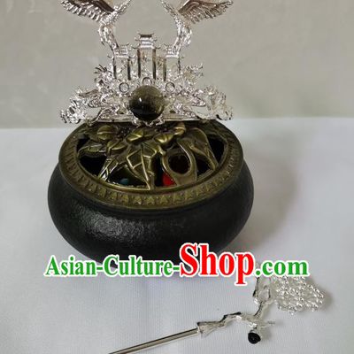 Chinese Traditional Tang Dynasty Scholar Argent Crane Hair Crown and Hairpin Ancient Prince Headwear