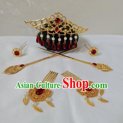 China Traditional Hanfu Hair Accessories Ancient Princess Golden Hair Combs Tang Dynasty Palace Lady Hairpins Full Set