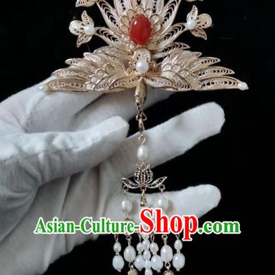 China Traditional Hanfu Tassel Hairpin Ancient Court Woman Hair Accessories Ming Dynasty Empress Golden Phoenix Hair Crown