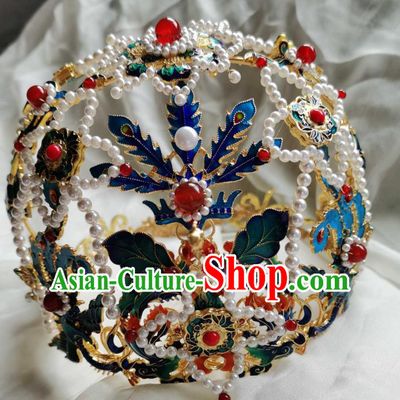 China Ancient Empress Blueing Phoenix Hairpin Traditional Hanfu Hair Accessories Ming Dynasty Court Pearls Hair Crown