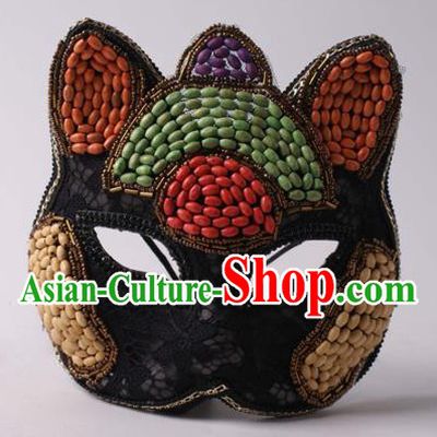 Handmade Carnival Colorful Beads Full Face Mask Stage Show Headpiece Halloween Cosplay Party Woman Black Lace Cat Mask