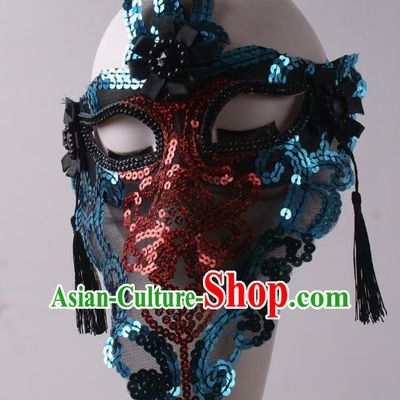Handmade Costume Ball Female Face Mask Stage Show Blue Sequins Headpiece Halloween Cosplay Party Blinder Mask