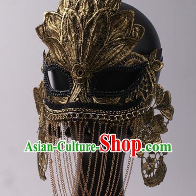 Professional Stage Performance Chain Tassel Full Face Mask Rio Carnival Headwear Halloween Party Male Cosplay Golden Lace Leaf Mask
