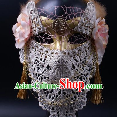 Handmade Costume Ball Queen Face Mask Stage Show White Lace Headpiece Halloween Cosplay Party Golden Blinder Mask