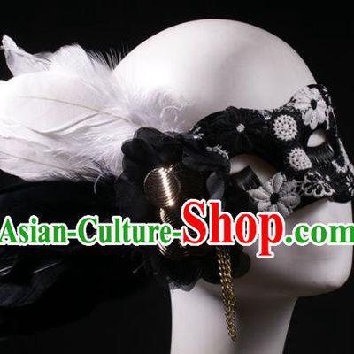 Handmade Halloween Cosplay Party Black Blinder Mask Costume Ball Feather Face Mask Stage Show Headpiece