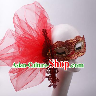 Handmade Costume Ball Female Face Mask Stage Show Headpiece Halloween Cosplay Party Red Veil Blinder Mask