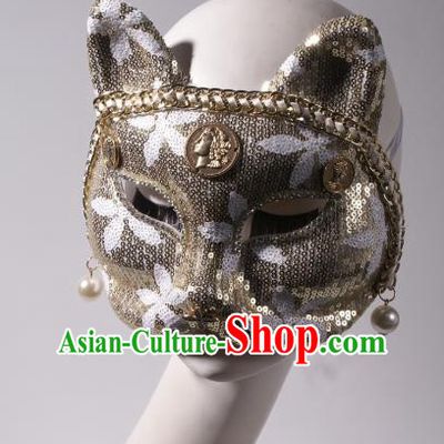 Handmade Stage Show Headpiece Halloween Cosplay Party Woman Fox Mask Costume Ball Golden Sequins Face Mask