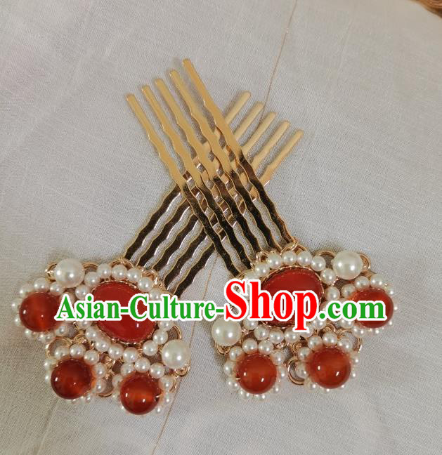 China Ming Dynasty Golden Hair Comb Traditional Ancient Empress Pearls Hair Accessories China Ming Dynasty Golden Hair Comb Traditional Ancient Empress Pearls Hair Accessories