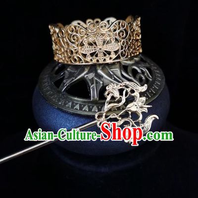 Chinese Ancient Nobility Childe Headwear Traditional Tang Dynasty Prince Golden Hair Crown and Hairpin