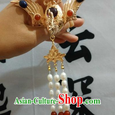 China Ancient Queen Golden Phoenix Hairpin Traditional Hanfu Hair Accessories Ming Dynasty Empress Tassel Hair Crown