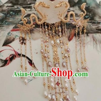 China Ancient Empress Golden Dragon Tassel Hairpin Traditional Hanfu Hair Accessories Ming Dynasty Court Jade Hair Crown