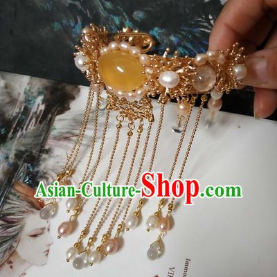 Handmade Chinese Tang Dynasty Golden Bangle Accessories Traditional Ancient Princess Pearls Tassel Bracelet