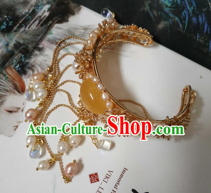 Handmade Chinese Tang Dynasty Golden Bangle Accessories Traditional Ancient Princess Pearls Tassel Bracelet Handmade Chinese Tang Dynasty Golden Bangle Accessories Traditional Ancient Princess Pearls Tassel Bracelet