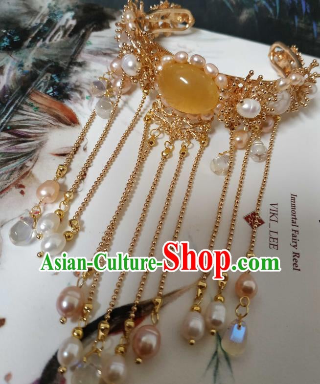 Handmade Chinese Tang Dynasty Golden Bangle Accessories Traditional Ancient Princess Pearls Tassel Bracelet Handmade Chinese Tang Dynasty Golden Bangle Accessories Traditional Ancient Princess Pearls Tassel Bracelet