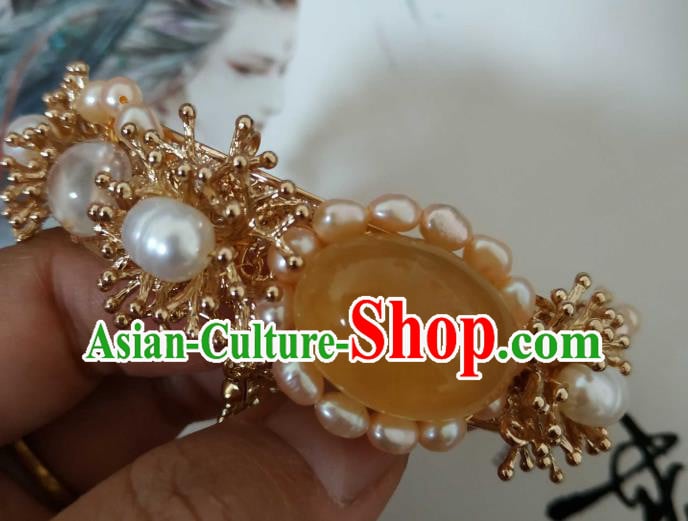 Handmade Chinese Tang Dynasty Golden Bangle Accessories Traditional Ancient Princess Pearls Tassel Bracelet Handmade Chinese Tang Dynasty Golden Bangle Accessories Traditional Ancient Princess Pearls Tassel Bracelet