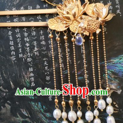 China Ancient Princess Golden Lotus Hairpin Traditional Hanfu Hair Accessories Song Dynasty Pearls Tassel Hair Stick