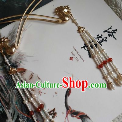 China Ancient Noble Woman Golden Phoenix Hairpin Traditional Hanfu Hair Accessories Ming Dynasty Pearls Tassel Hair Stick
