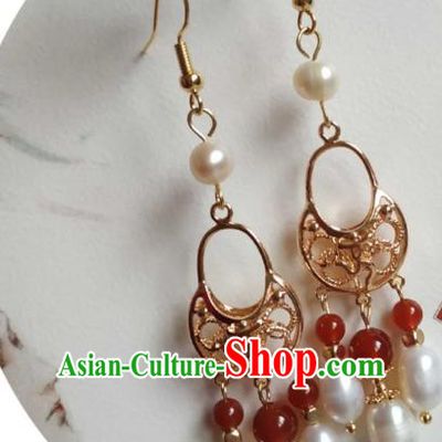 Handmade Chinese Tang Dynasty Empress Golden Ear Accessories Traditional Ancient Princess Pearls Tassel Earrings