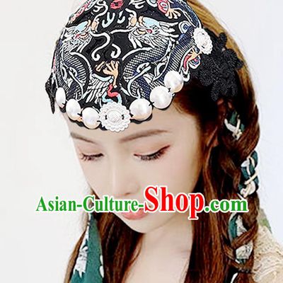 China Ethnic Folk Dance Hair Accessories Yunnan Minority Woman Embroidered Black Hair Clasp