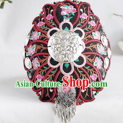 China Handmade Silver Black Headband Ethnic Folk Dance Hair Accessories Yunnan Minority Woman Embroidered Hair Clasp