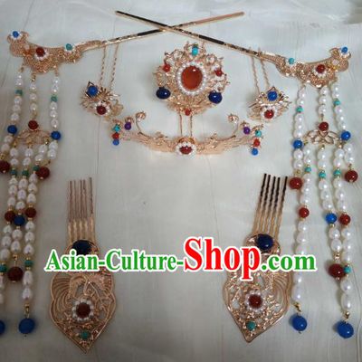 China Ancient Court Woman Tassel Hairpins Traditional Hanfu Hair Accessories Ming Dynasty Golden Hair Combs