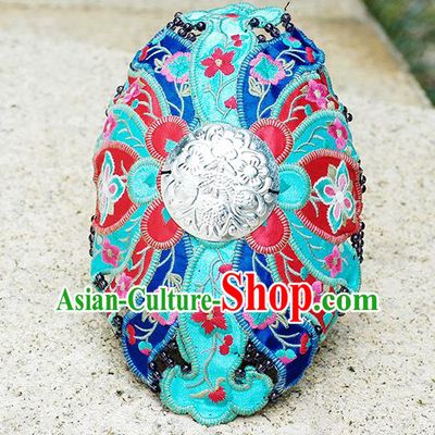 China Yunnan Minority Embroidered Blue Hair Clasp Ethnic Woman Headwear Handmade Folk Dance Headband