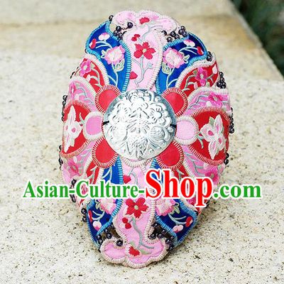 China Yunnan Minority Hair Clasp National Woman Embroidered Headwear Handmade Ethnic Dance Pink Headband
