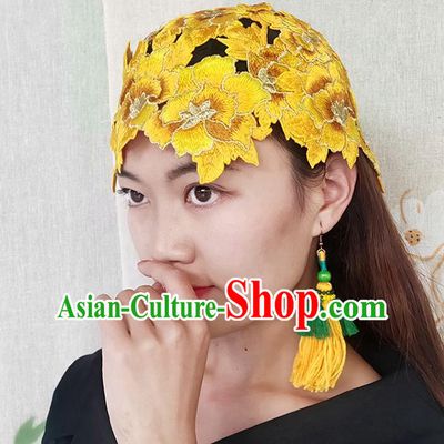 China Handmade Ethnic Folk Dance Headband Yunnan Minority Hair Clasp National Woman Embroidered Yellow Flowers Hat