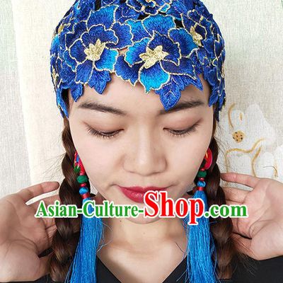 China National Woman Embroidered Royalblue Flowers Hat Handmade Ethnic Folk Dance Headband Yunnan Minority Hair Clasp
