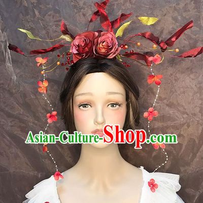 Top Stage Show Red Rose Hair Crown Catwalks Headdress Baroque Bride Hair Accessories