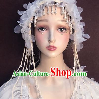 Top Baroque Bride Pearls Tassel Hair Accessories Stage Show White Veil Catwalks Headdress
