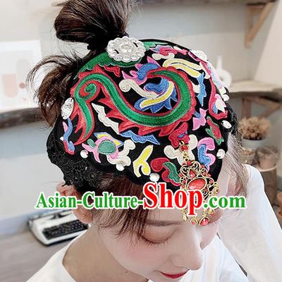 China Yunnan Minority Woman Embroidered Hair Clasp Ethnic Peacock Dance Headwear Handmade Black Cloth Headband