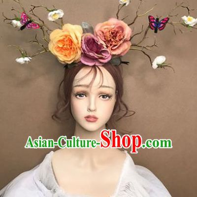 Top Baroque Bride Giant Hair Crown Stage Show Silk Peony Headdress Catwalks Dance Hair Clasp