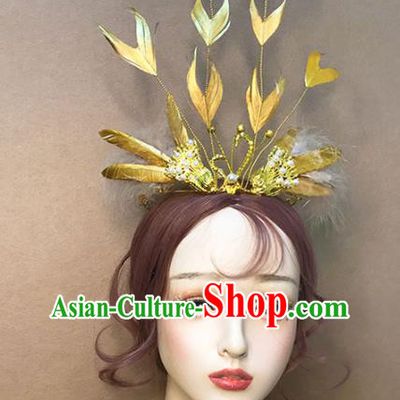 Top Cosplay Angel Hair Accessories Baroque Giant Hair Crown Stage Show Headdress Catwalks Golden Swan Hair Clasp