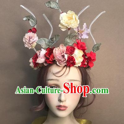 Top Baroque Silk Flowers Hair Crown Stage Show Giant Headdress Catwalks Hair Accessories Cosplay Flowers Fairy Headpiece