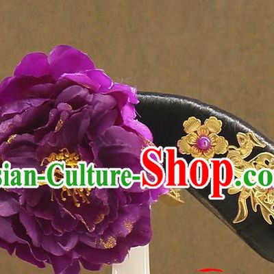 Chinese Ancient Manchu Princess Hair Chignon Drama Jade Palace Lock Heart Purple Peony Hair Accessories Qing Dynasty Imperial Concubine Wigs Sheath