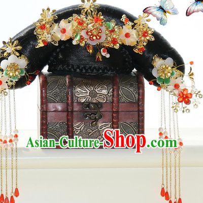 Chinese Qing Dynasty Palace Lady Wigs Sheath Ancient Manchu Princess Hair Chignon Drama Treading On Thin Ice Hair Accessories