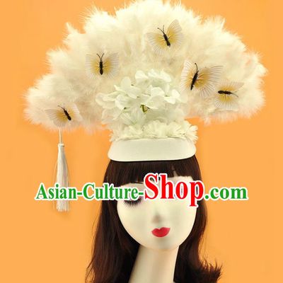 Chinese Court White Feather Fan Top Hat Catwalks Deluxe Headdress Stage Show Butterfly Tassel Hair Crown