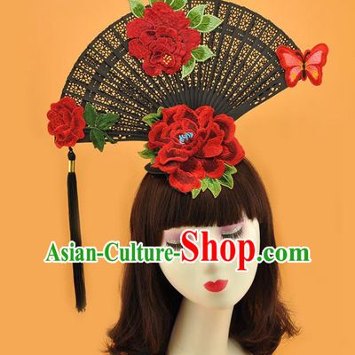 Chinese Cosplay Court Black Fan Top Hat Catwalks Deluxe Headdress Stage Show Embroidered Peony Hair Crown