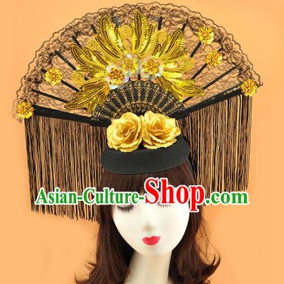 Chinese Stage Show Golden Sequins Hair Crown Cosplay Court Black Lace Fan Top Hat Catwalks Deluxe Tassel Headdress