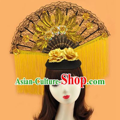 Chinese Cosplay Court Black Lace Fan Top Hat Catwalks Deluxe Yellow Tassel Headdress Stage Show Sequins Hair Crown