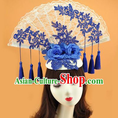 Chinese Court Blue and White Porcelain Top Hat Catwalks Deluxe Blue Tassel Headdress Stage Show Lace Fan Hair Crown
