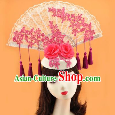Chinese Catwalks Deluxe Purple Tassel Headdress Stage Show Lace Fan Hair Crown Court Blue and White Porcelain Top Hat