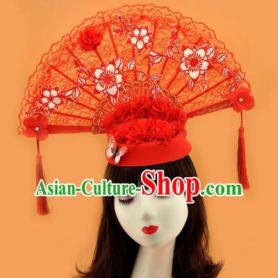 Chinese Stage Show Red Lace Fan Hair Crown Court New Year Top Hat Catwalks Deluxe Tassel Headwear