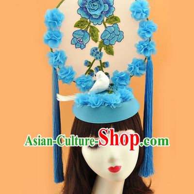 Chinese New Year Catwalks Deluxe Headwear Stage Show Pigeon Hair Crown Court Embroidered Blue Flowers Top Hat